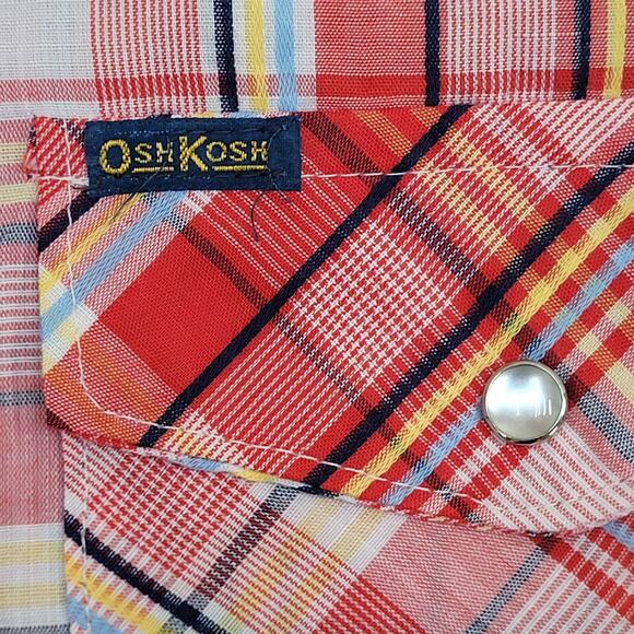 Vintage 80s Osh-Kosh Cowboy Plaid Shirt M/L 21x29 Pearl-Snap - Picture 11 of 12